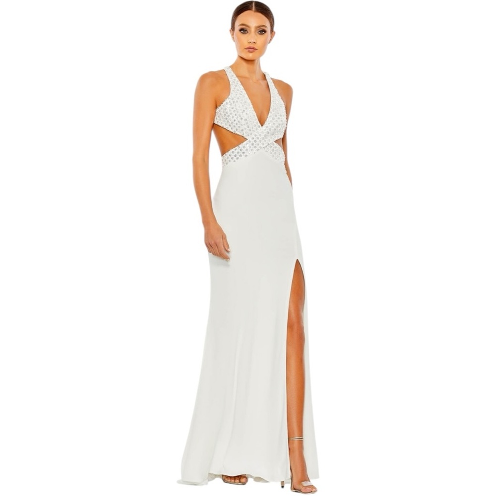 Mac Duggal Cut Out Criss Cross White Beaded Dress Size 4 Style Code 68166 NWT